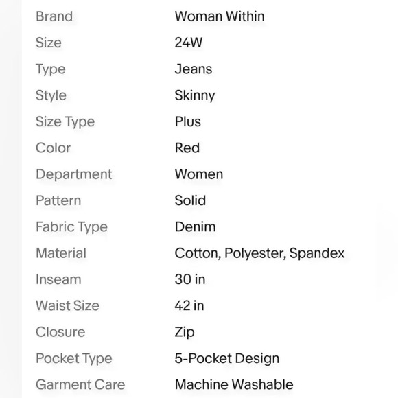 New Woman Within Plus Size 5-Pocket Style Red Avila Jeans 24W Skinny - Picture 9 of 9